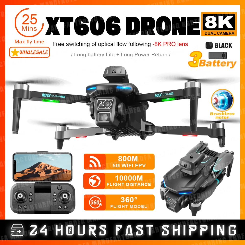 KBDFA XT606 드론 8K 전문 HD 카메라, 장애물 회피 항공 사진, 광학 흐름 접이식 쿼드콥터, GPS RC 10000M