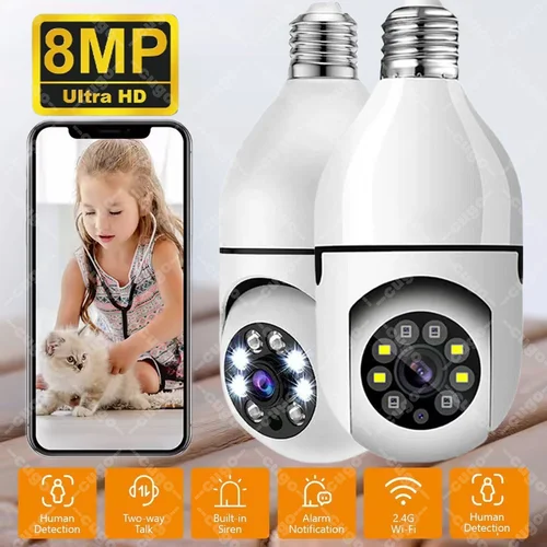 Cámara de vigilancia Wifi inalámbrica con bombilla E27, 8MP, vídeo a todo Color, visión nocturna, HD, seguimiento humano automático, cámara IP de seguridad CCTV