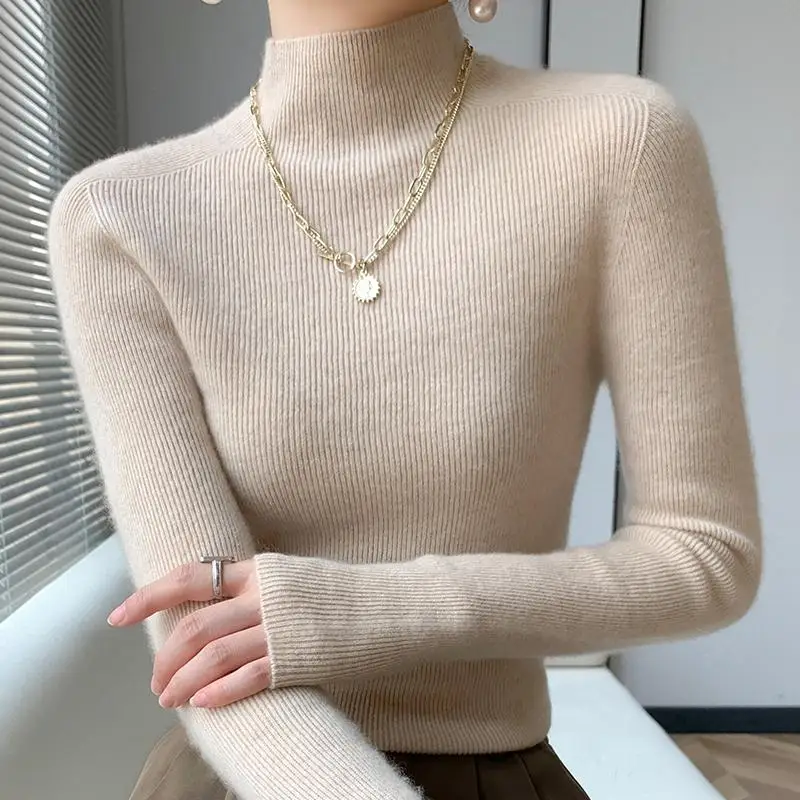 Women's Sweater Half High Neck Knitted Pullover Korean Version Slim Long Sleeve Solid Knitted Tops