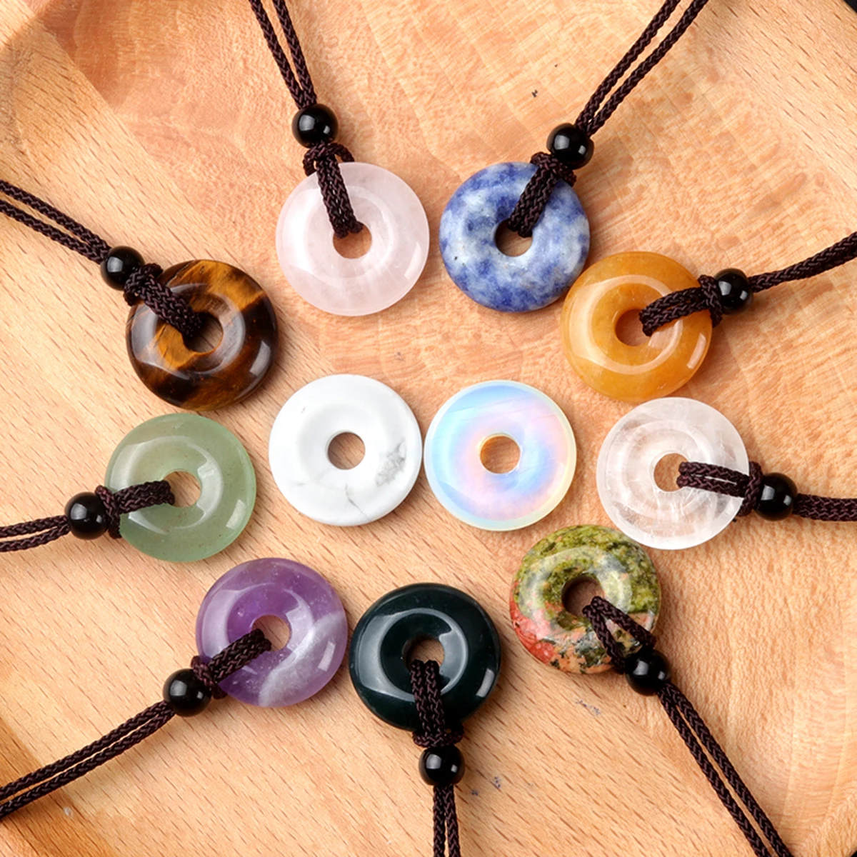 Crystal Agate Natural Stone Safety Buckle Necklace Donut Woven Pendant Necklace Jewelry Accessories Gift