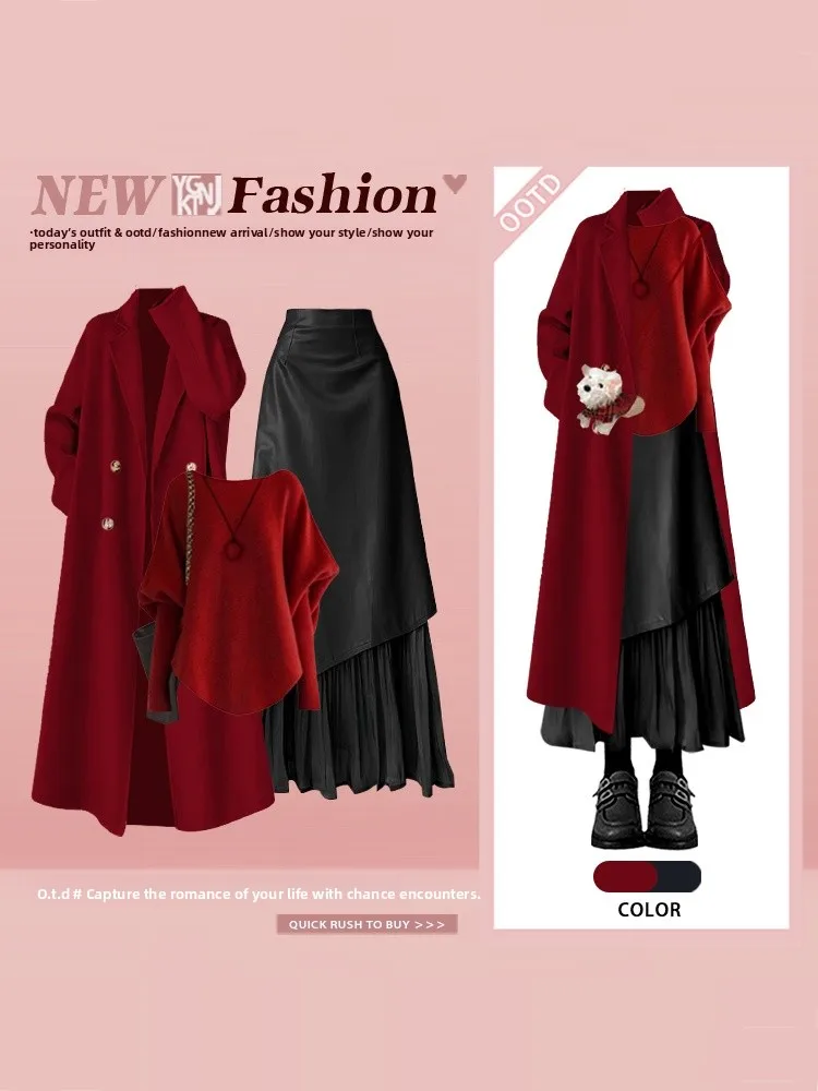 

Red Knitted Sweater Asymmetrical Skirt Tee-piece Set Large Size Women's Clothing Anti-aging Faion Ensemble