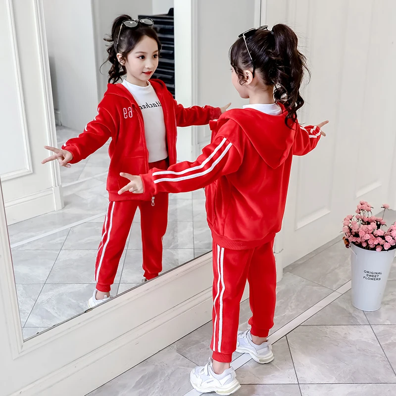 New Arrival Girls Golden Velvet Suit Autumn Winter Foreign Children's Plush Two-piece Suit Teenager Kids Fall Sportwear Clothes