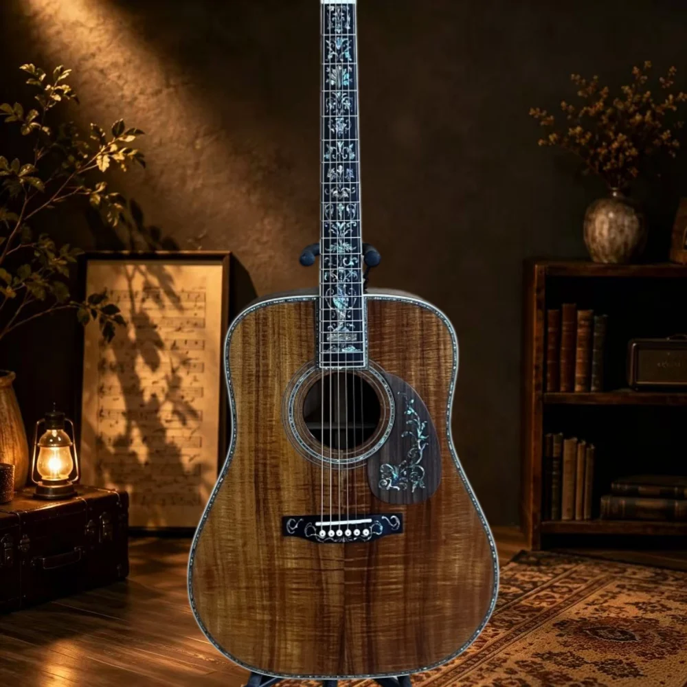 Professional 6 String D-45 Acoustic Guitar, Koa Wood Body, Ebony Fretboard, Shell Binding, Gold Tuners, Luxury Design