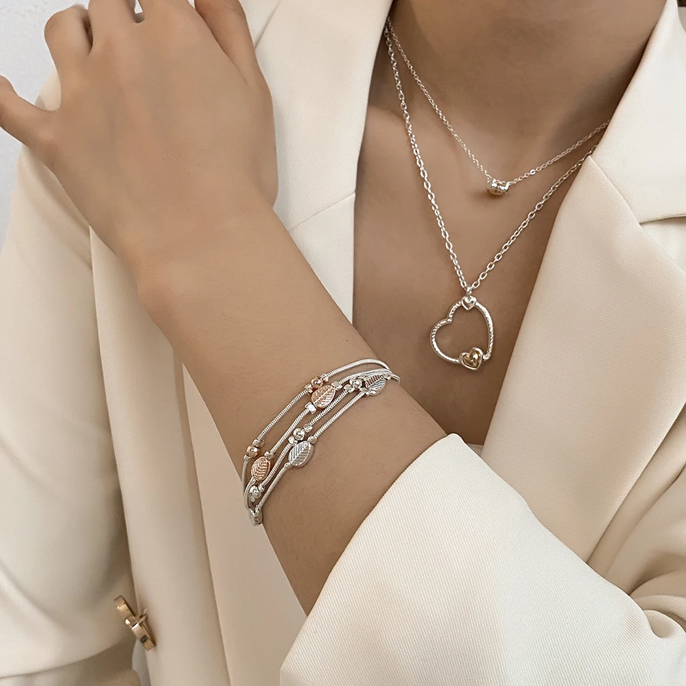 ALLYES Fashion Two Tone Leaves Beaded Bracelet Elegant Multilayer Wrap Silver Color Chain Bracelets for Women Jewelry Gifts