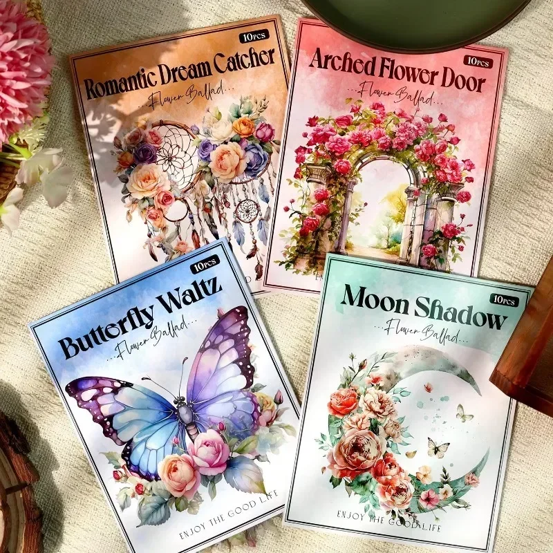 10Sheets Romantic Flower Song Butterfly Dance Vintage Flower PET Stickers Decoration Moon Sea Landscaping Scrapbook 172*120mm