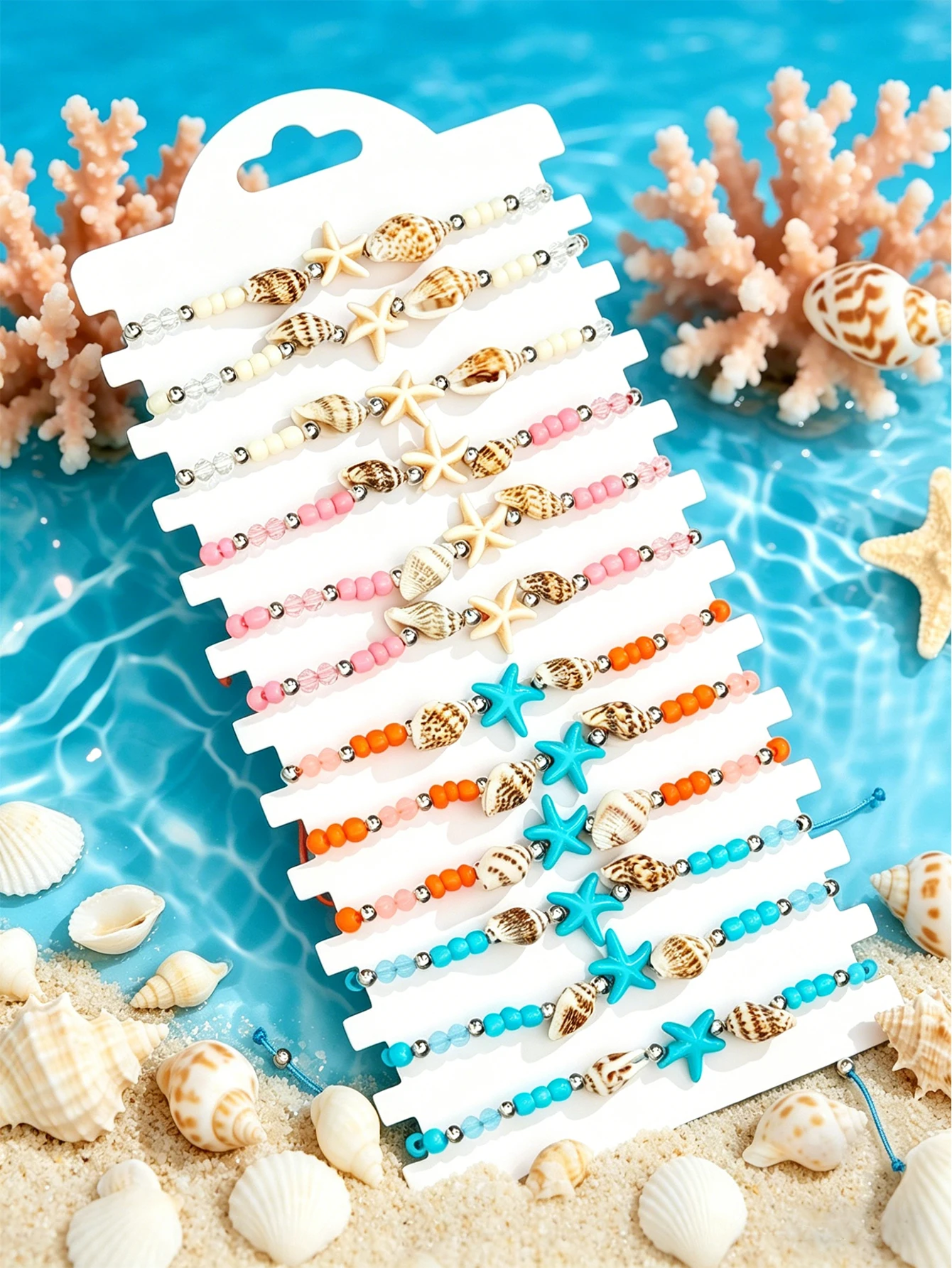 12 Piece New Bohemian Turquoise Starfish Glass Woven Rice Bead Bracelet Set Suitable for Summer Vacation