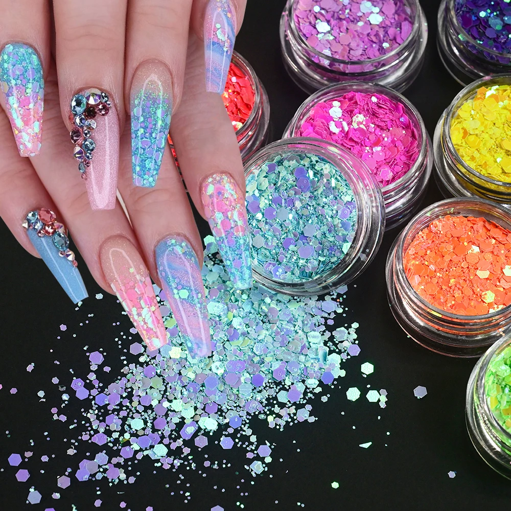 12 pçs iridescente arte do prego glitter lantejoulas mistura holográfica hexágono flocos grossos diygel polonês artesanato manicure decorações em pó
