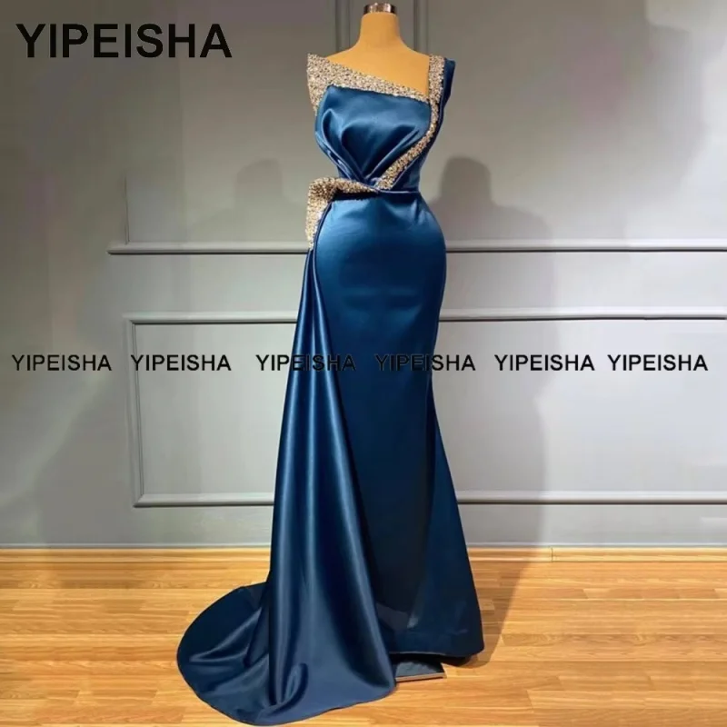 

Customized Elegant Formal Evening Dresses with Beads One-shoulder Satin Mermaid Prom Gown Luxury Crystals Arabic Party Dress