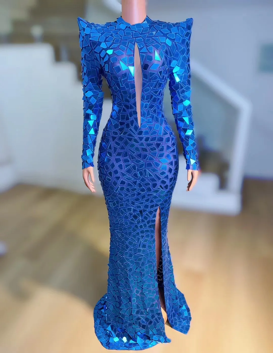 Vestido de fiesta de noche con Espejos azules, traje Sexy, vestido de tren largo, traje de fiesta de cumpleaños