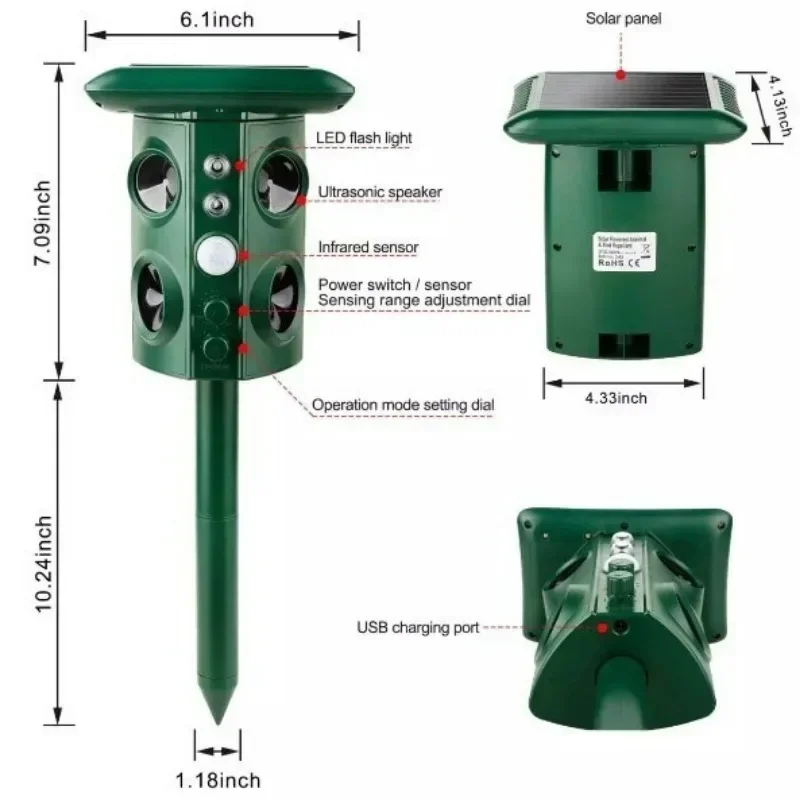 Imagem -04 - Energia Solar Dog Repeller Longo Alcance Portátil Ultrassônico Controle de Casca ao ar Livre Pássaro Serpente Rato Animais