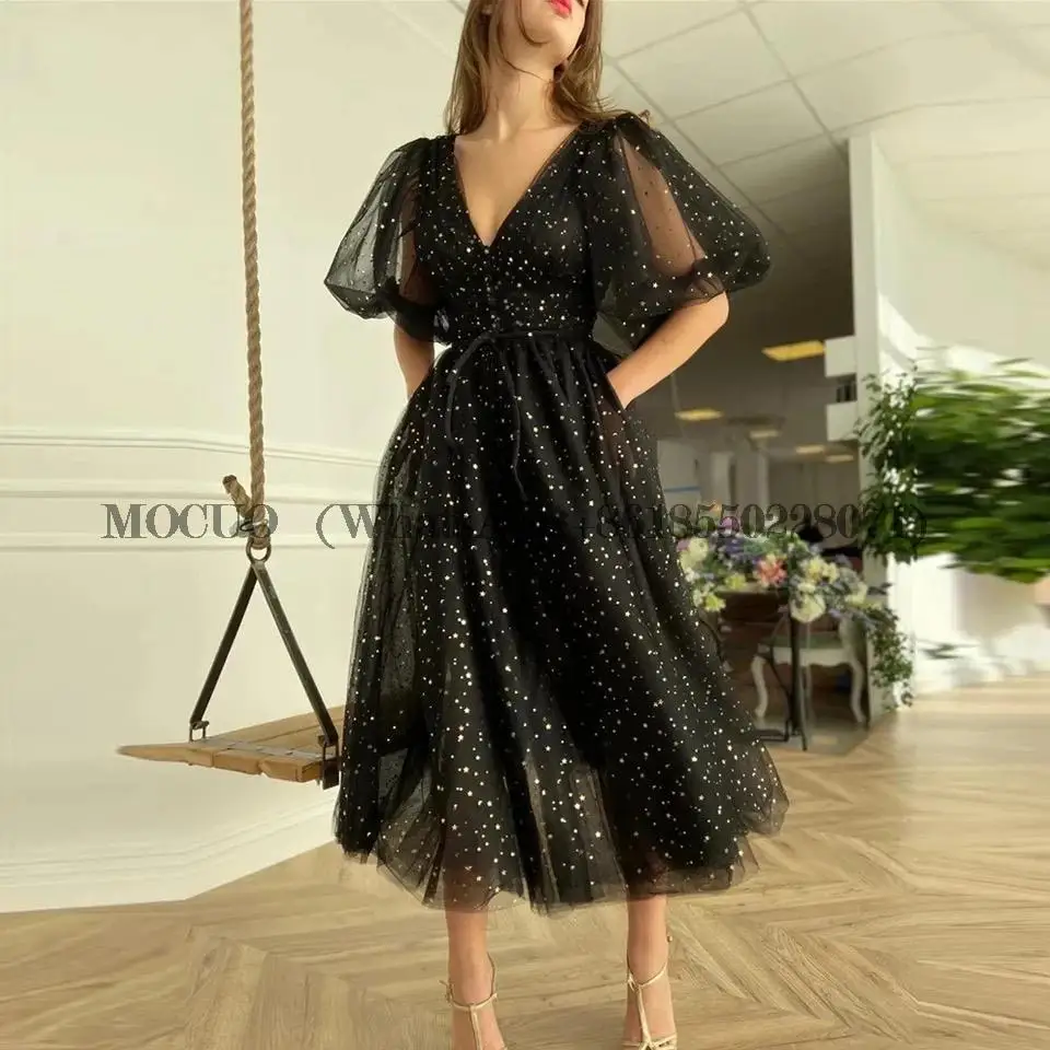 

Black Starry Evening Dresses 2023 V-Neck Short Puffy Sleeve Tea-Length Tulle A-Line Sparkly Party Prom Gown Homecoming