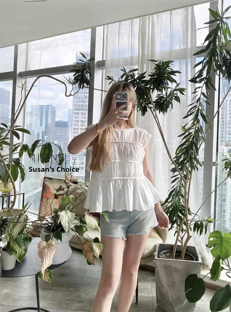 Susan Casual White Svel Mehrschichtige plissierte Bluse mit lockerem Saum Pendeln Sle rund Ne ort Sve UV-Schutz