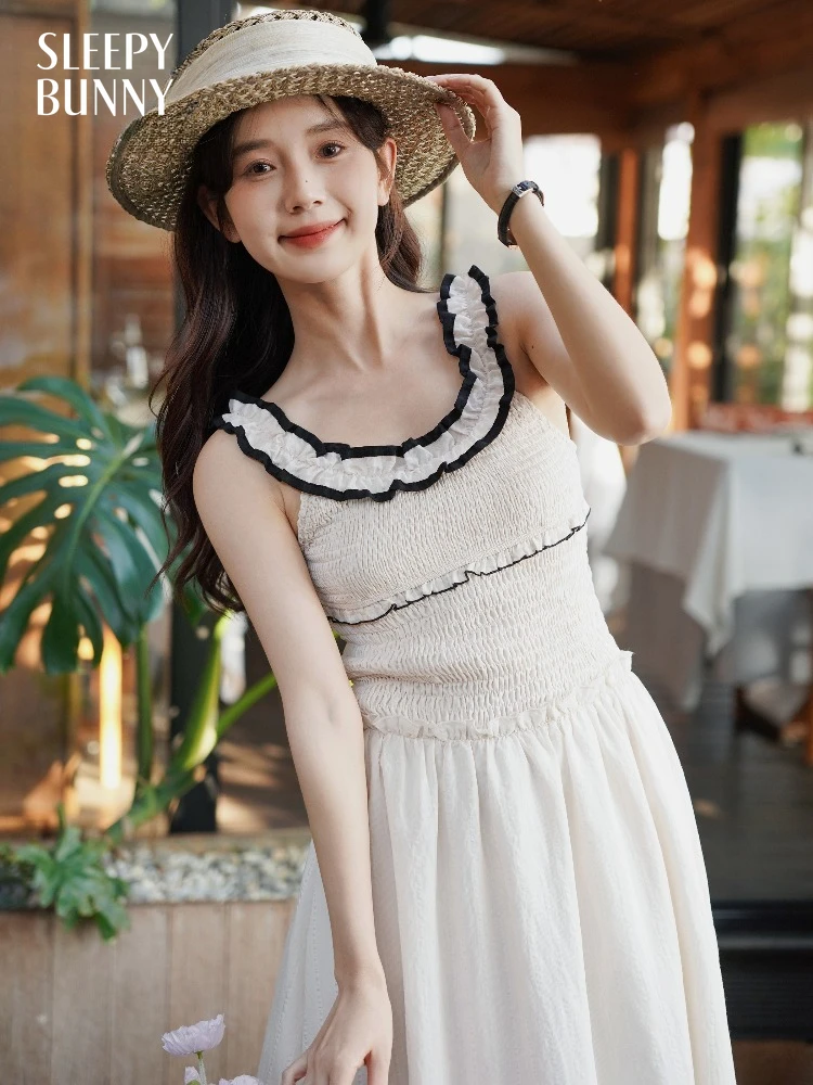 

Women A-Line Dress Lady Slim Fit Ruffle Trim Vacation Dress Chic Contrast Design Elegant Summer Holiday Dress for Female Sweet