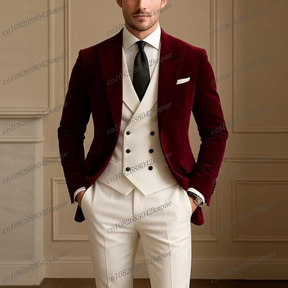 

Burgundy Velvet And White Formal Men Suit Groom Groomsman Wedding Party Prom Business Male Tuxedos 3 Piece Set Blazer Vest Pants
