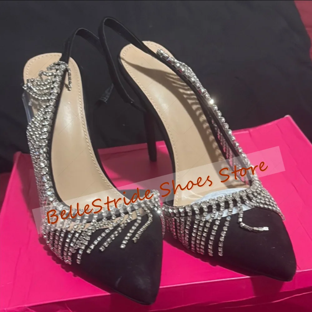 

Black Pointed Toe Crystal Tassels Sandals Fashion Women Shoes Stilettos High Heels Party Banquet Dating 2025 Zapatos Para Mujere