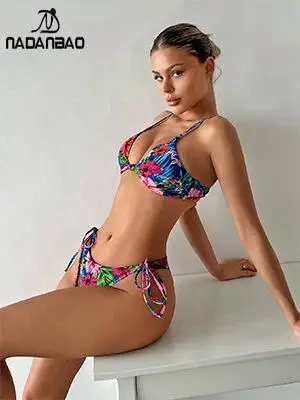 Nadanbao Sexy Deep V costumi da bagno donna moda stampa floreale Bikini senza schienale Set fasciatura da viaggio femminile Slim Beach Party Bikini