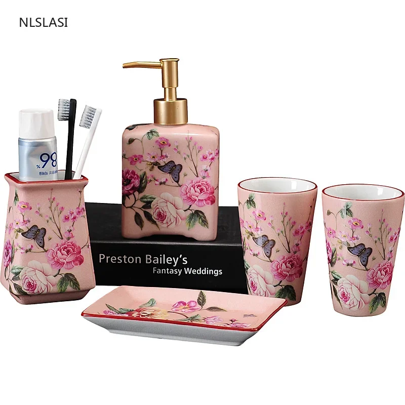 

Chinese Style Bathroom Set Ceramic Washroom Accessories Toothbrush Holder Soap Dispenser Soap Dish Gargle Cup Wedding Gifts