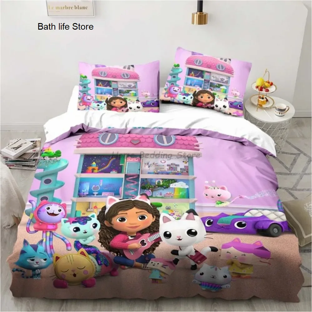 New 3D Gabby's Dollhouse Bedding Set Polyester Duvet Cover Set Pillow Cover Single Twin Full Bed Linen for Girls Boys Kids Gift