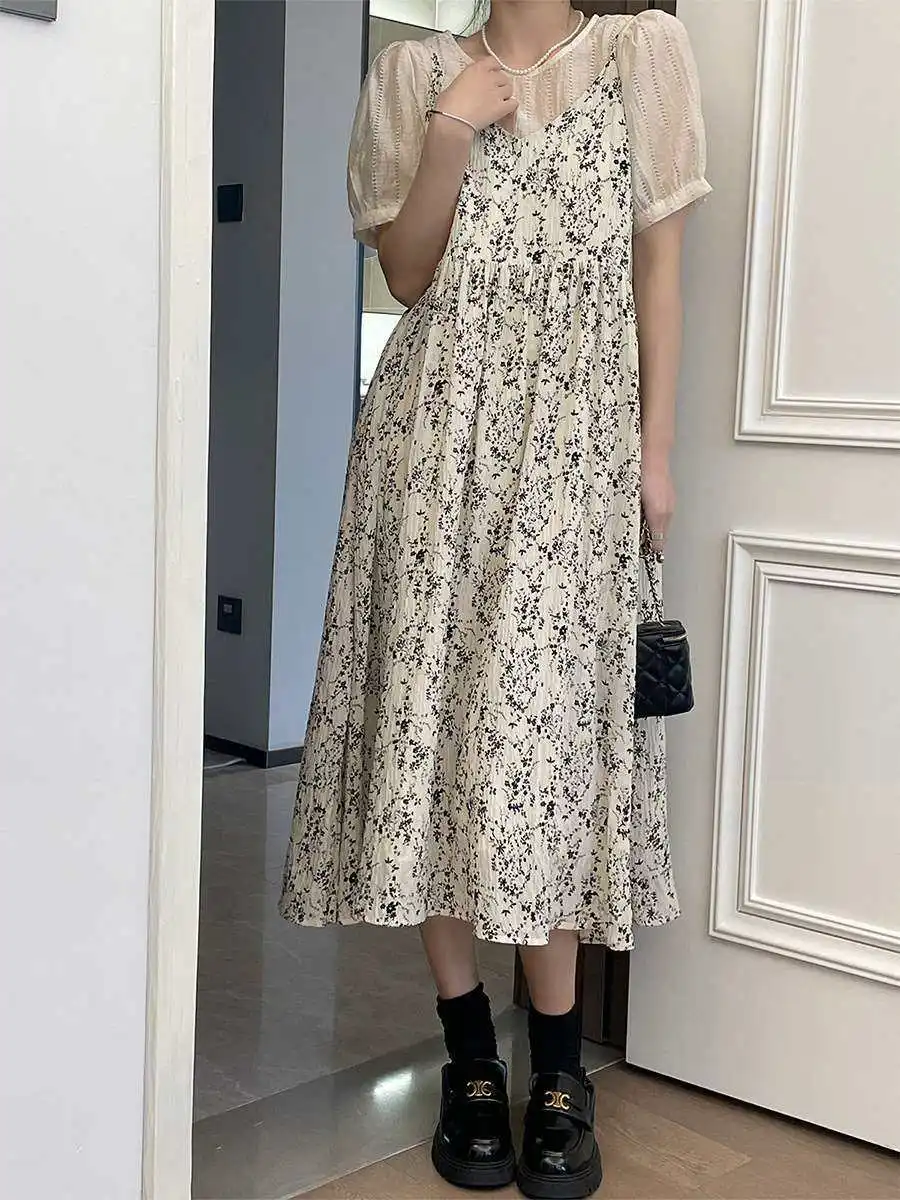 

Summer New Loose Slimming High Waist Floral Sling Dr Casual Sle A-Line Skirt Tea Break Fair Wear for Middle-Aged Women