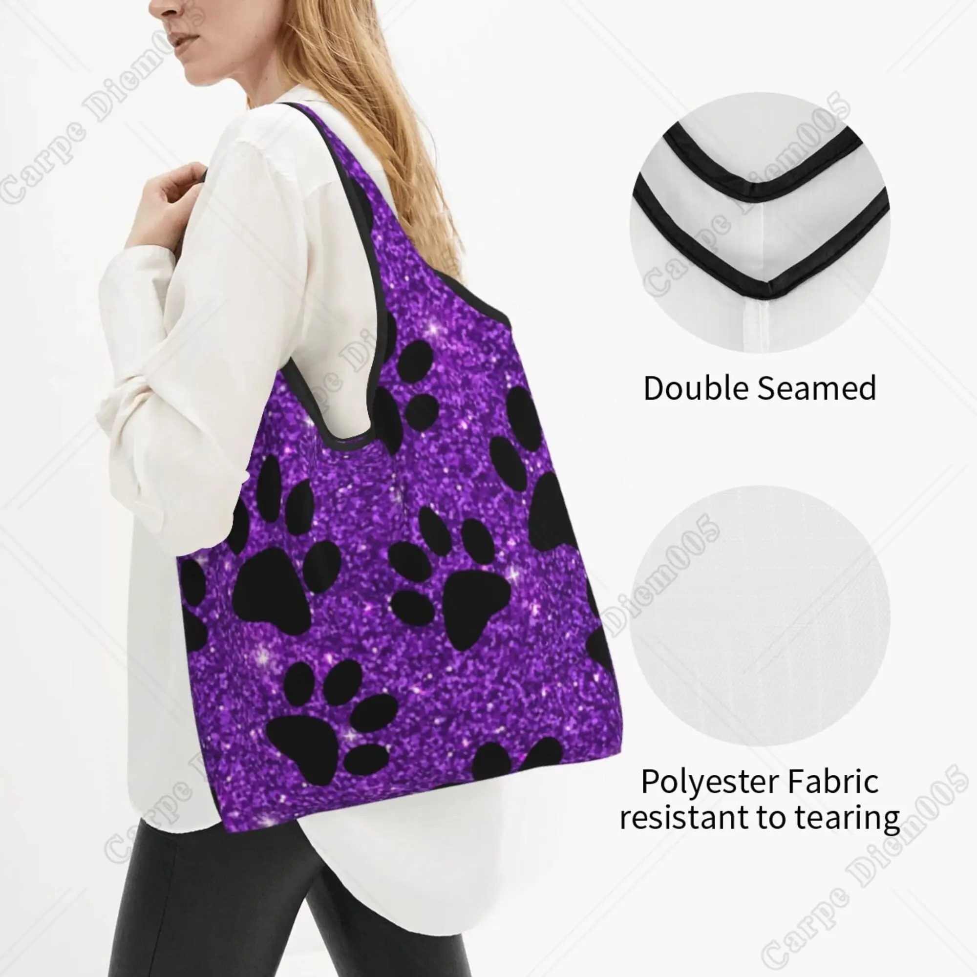 Purple Dog Paws Sparkle Cute Tote Bag Folding Shopper Bag for Women Shopping Work Outdoor Walking Fashion No Zipper Eco