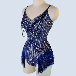 Shiny Blue Rhinestones Fringes Sexy Slip Bodysuit Women Birthday Party DS Stage Singer Performance Outfits Team Dance Costumes