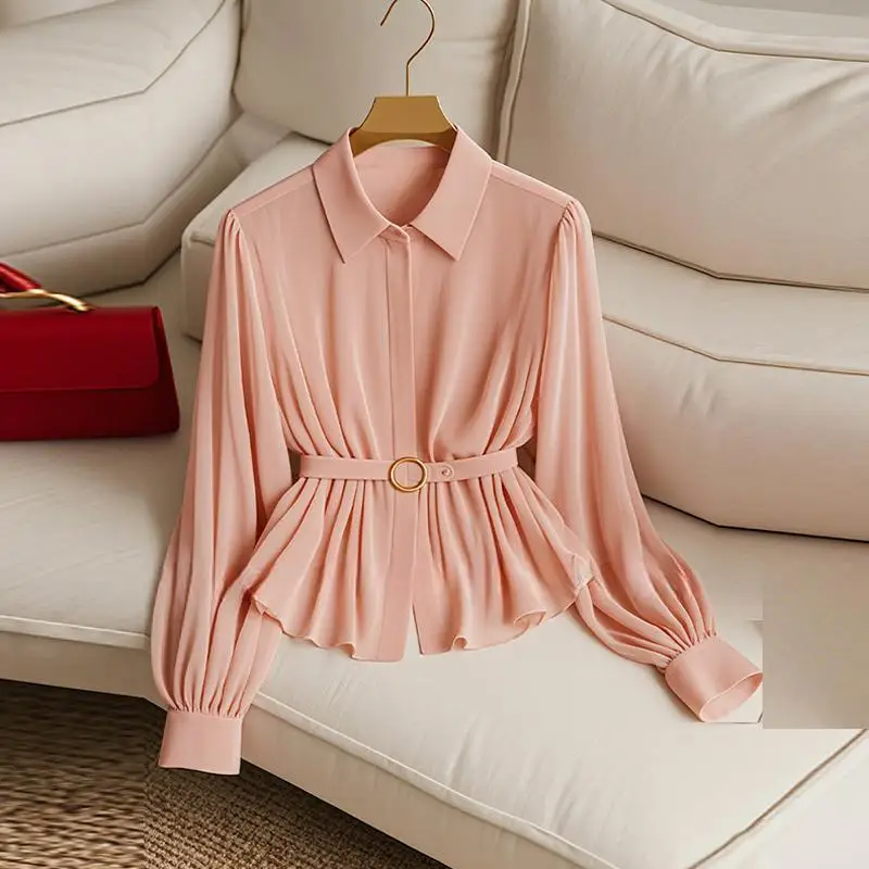 Fashionable Early Autumn Western Style Long Sleeved Slim New French High-end Temperament Design Pink Waist Cinching Shirts