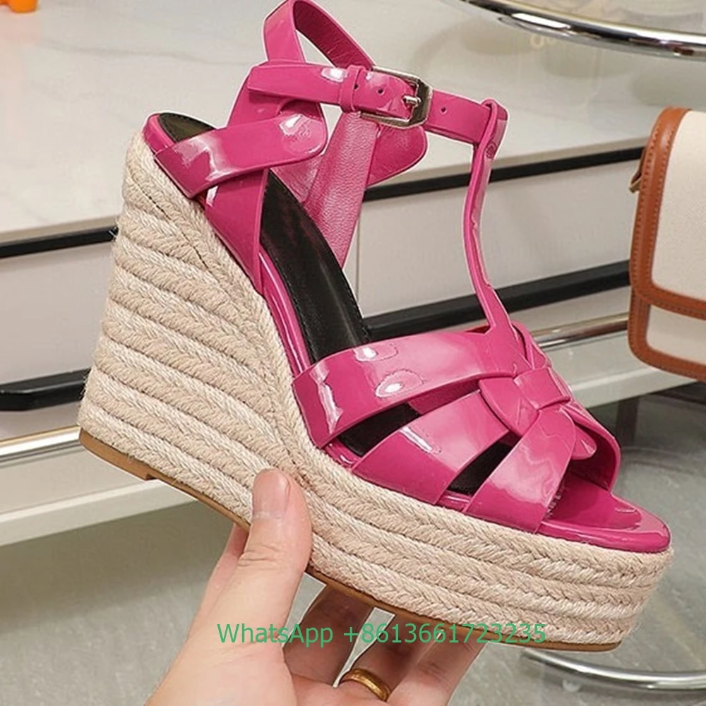 Cross Straps Open Toe Wedges Women Sandals Solid Color Open Toe Real Patent Leather Espadrilles Shoes Newest Summer 14cm Heels