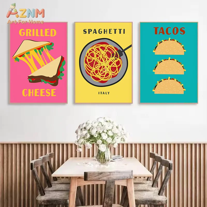 AZNM Colorful Global Food Canvas Wall Art Pizza Ramen Tacos Pasta Sandwich Retro Flat Print Unframed Canvas Kitchen Restaurant W