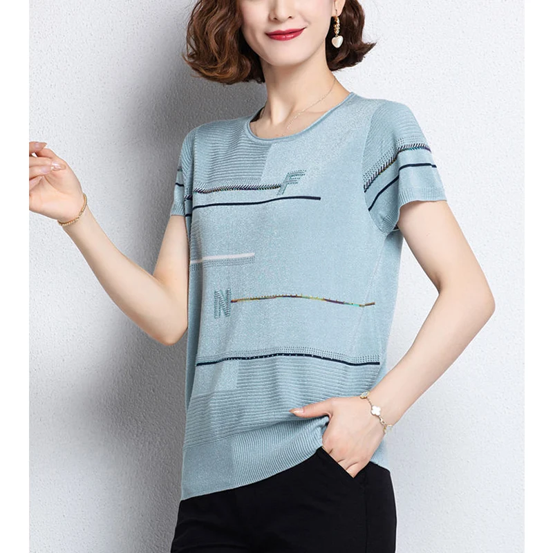 summer fashion sequins patchwork loose casual knitting tee women short sleeve oversized pullover top female all-match t-shirt