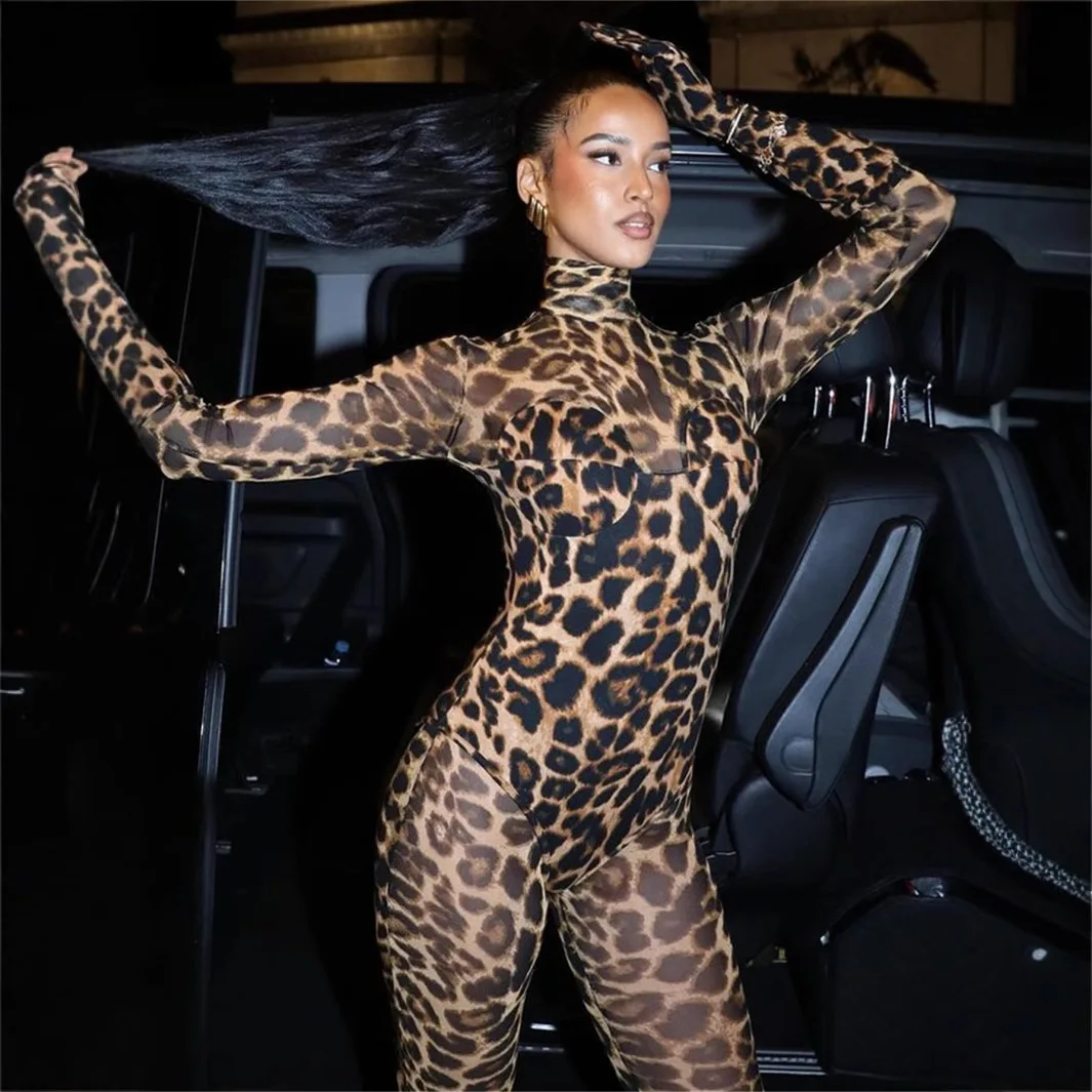 

Women's Leopard Print Jumpsuit Jumpsuit Mesh See-through Stretch Slim Top Pants Fashion Sexy Party Clubwear 2025 Spring New