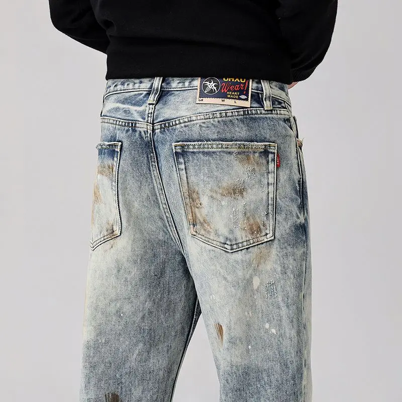 

2025 Autumn New Heavy duty Washed Scratched Retro Jeans Men with Broken Holes Trendy Straight Tube Made Old Pants