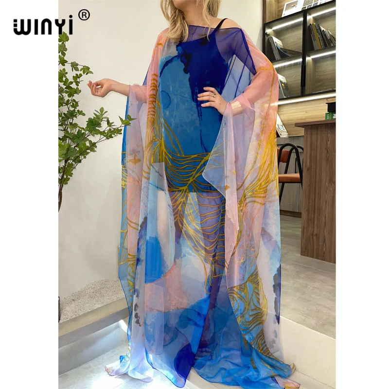 

WINYI Europe ins ladies bohemian maxi Perspective tulle print kaftan summer long sleeve women elegant holiday sexy beach dress