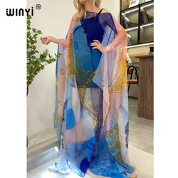 WINYI Europe ins ladies bohemian maxi Perspective tulle print kaftan summer long sleeve women elegant holiday sexy beach dress