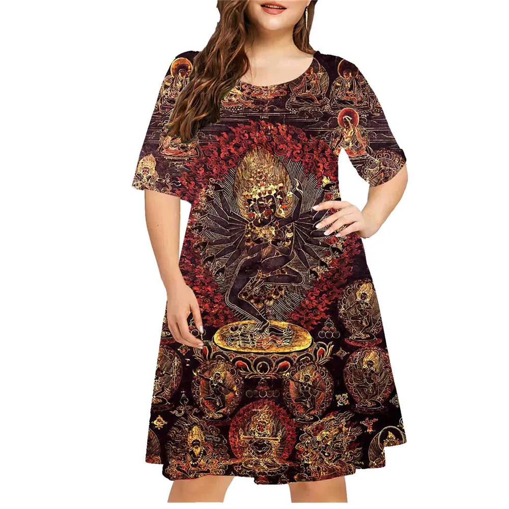 Mulheres com pintura 3D Horror Padrão Vestido, Vestidos de manga curta, solto, Pintura, Linha A, Plus Size, Streetwear Casual, 2024