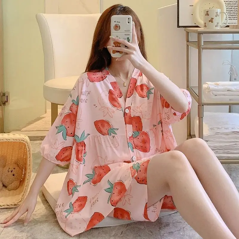 Loose Cotton Silk Pajamas Women\'s Set Summer New Short Sleeved V_neck Sweet Shirt+Wide Leg Shorts Home Two-piece Set for Women