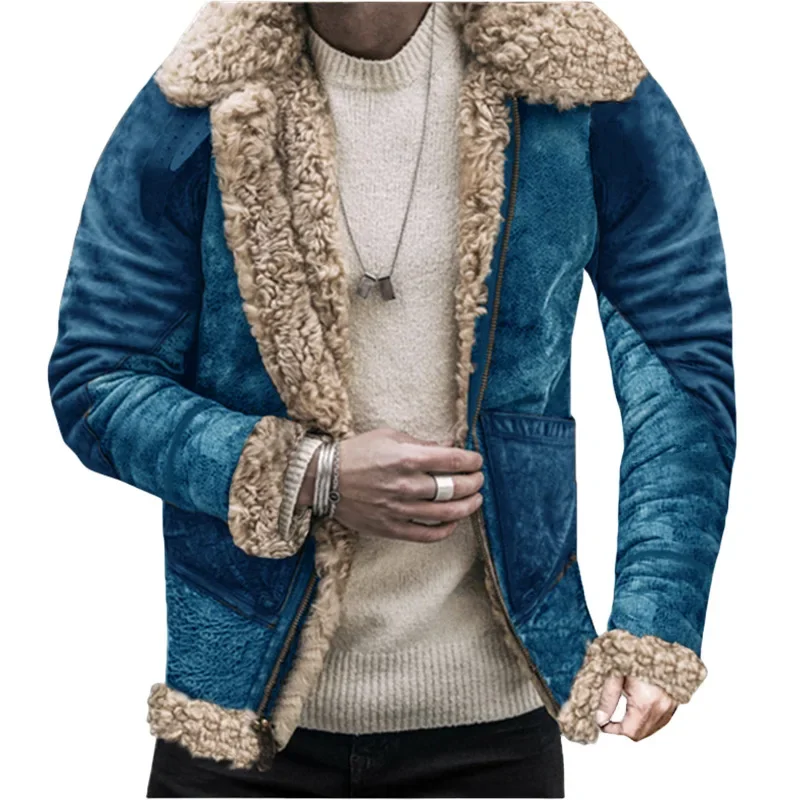 

Autumn Winter Warm Jacket Men Fashion Faux Fur Plush Pocket Splicing Coat Men Vintage Long Sleeve Zipper Turn-down Collar Jacket