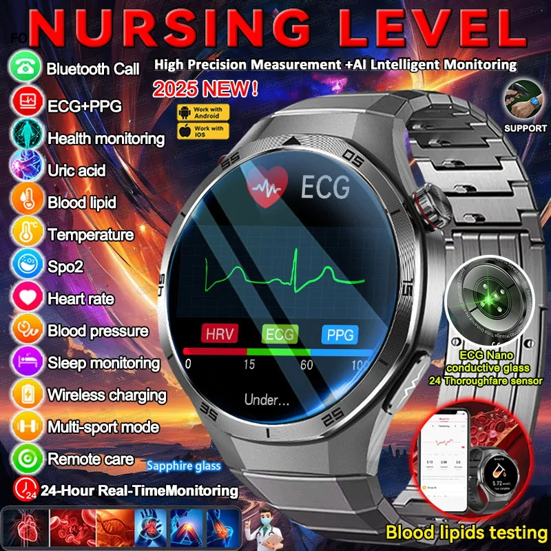 

2025New Precise ECG+PPG Uric Acid Blood Pressure Blood oxygen Body Analysis Blood fat Smart Watches ECG+PPG Clock Smartwatch Men