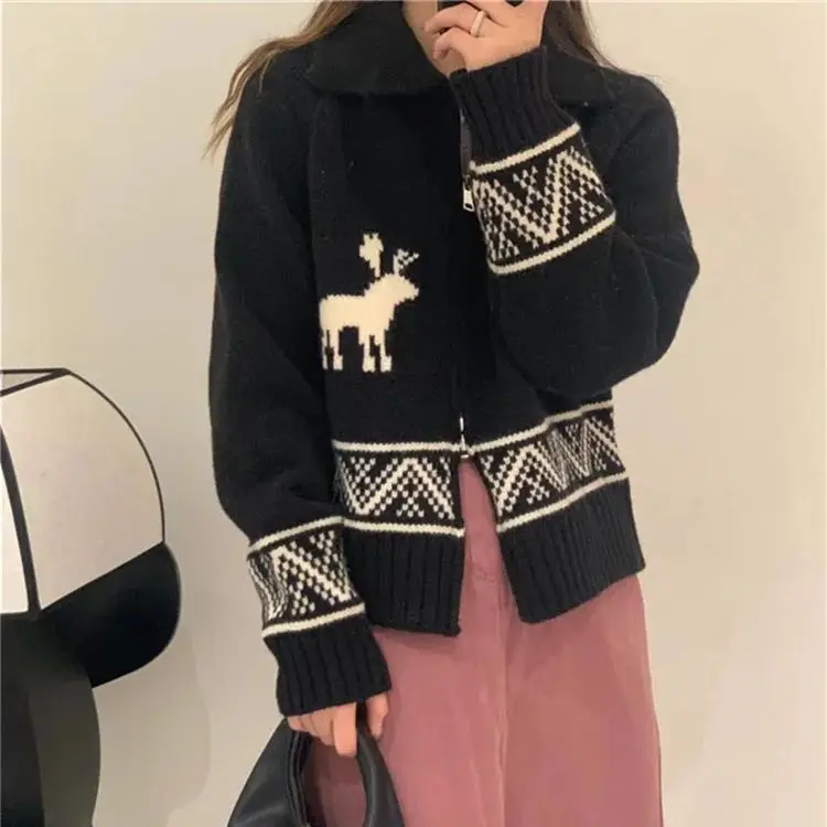 Hsa Vintage Argyle Oversize Christmas Sweater Cardigans Women Harajuku Sweet Deer Thick Y2k Tops Autumn Winter Clothes