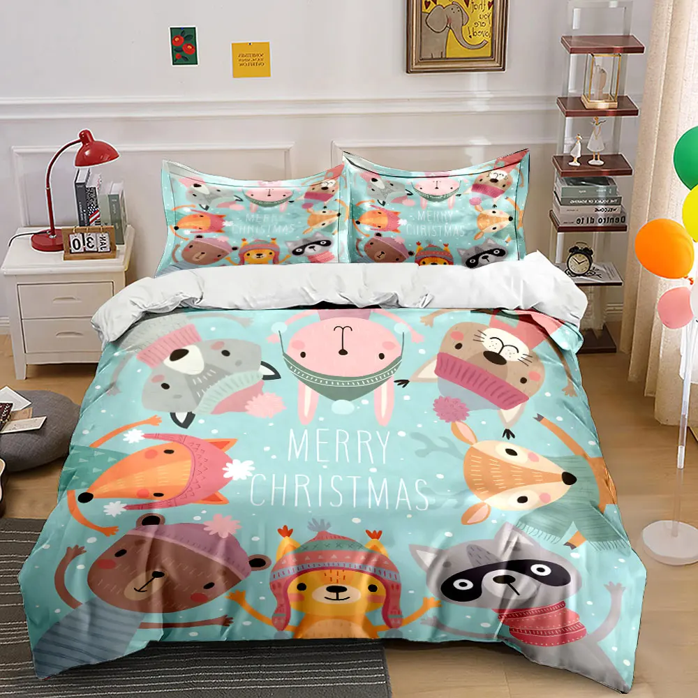 Cute cartoon animals in a circle for Christmas Print Bedding set 3PC 1duvet cover 2pillowcases adult and children bedding set