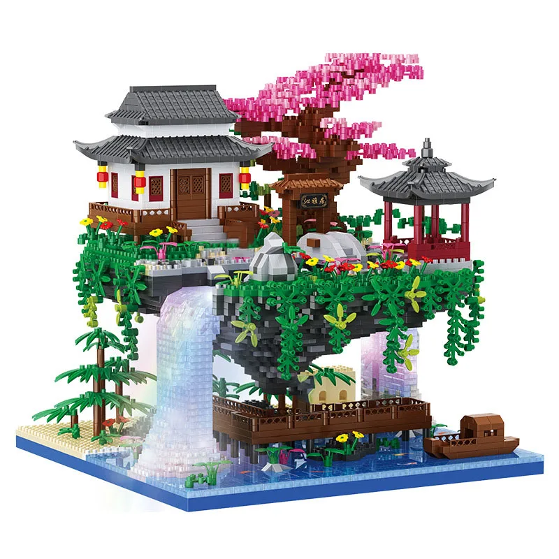 Mountain Forest Architecture Micro Daimond Block Peach Blossom Pool Building Brick Toy Assemble Nanobrick Collection With Light
