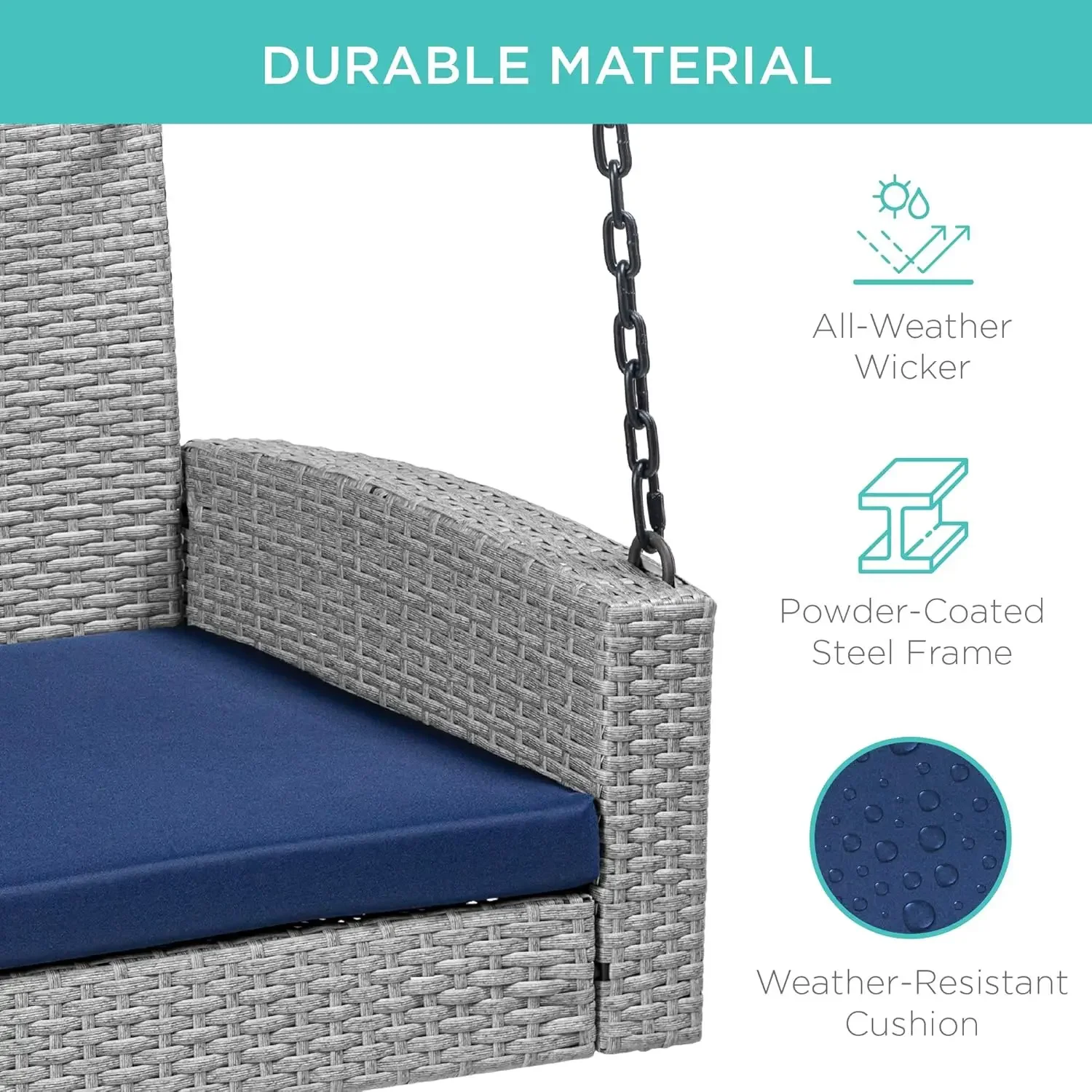 Woven Wicker Outdoor Porch Swing, Hanging Patio Bench for Deck, Garden w/Mounting Chains, Seat Cushion - Gray/Navy