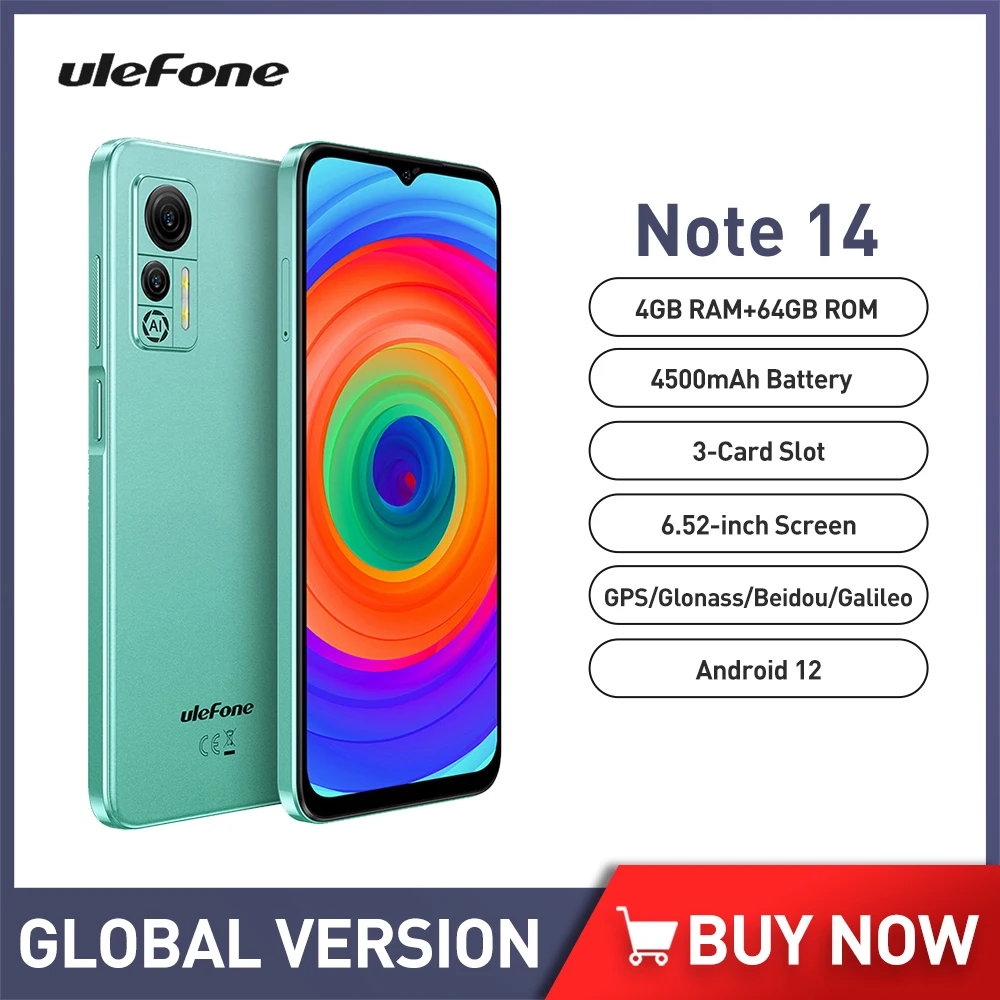 Ulefone Note 14 Smartphone Android 12 6.52-inch 64GB ROM 13MP 4G Celular Phone 3-Card Slots/Face Unlock/OTG Global 4500mAh Phone