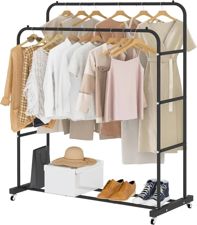 Double Rods Clothing Rack with Wheels, Garment Rack for Hanging Clothes, Multi-functional Bedroom Clothes Rack, Black