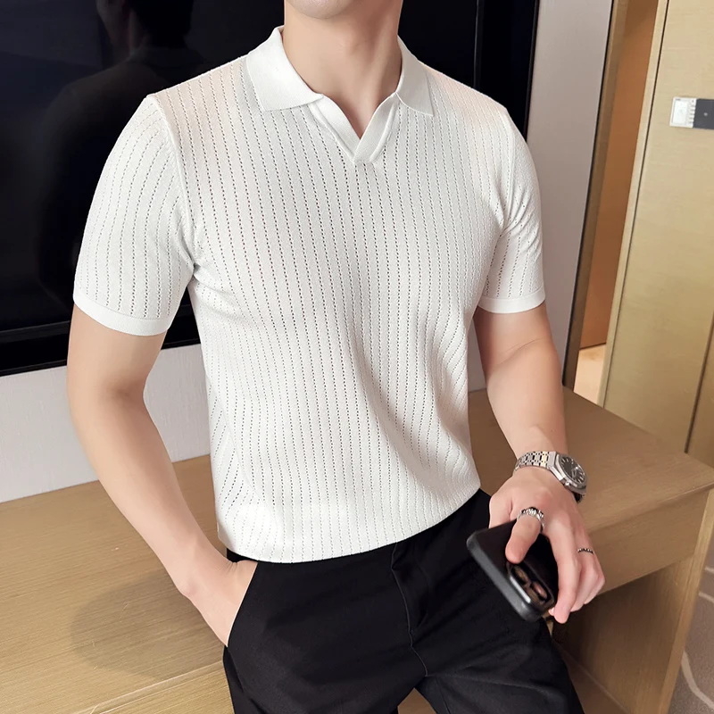 Summer British Style Short Sleeve Knitted Polo Shirts Men Fashion V-neck Casual Business T-shirt Versatile Daily Tee Tops