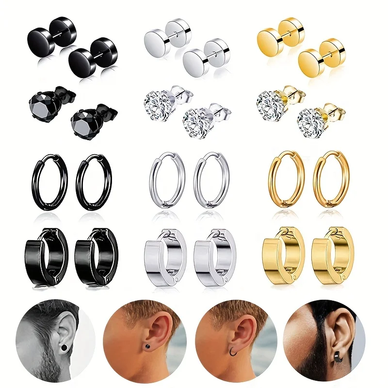 12 Pairs Stainless Steel Round Cubic Zirconia Dumbbell Stud Earring Circle Buckle Hoop Ear Jewelry Set For Men Women Daily Wear