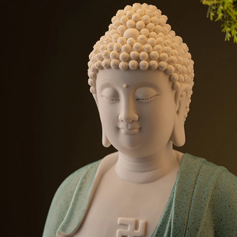 Chinese-Style Ceramic Shakyamuni Buddha Statue With Lamp Ring Ornament For Home, Living Room, Office, And Reverse-Flow Incense B
