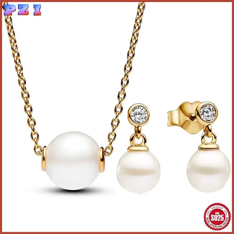 

925 Sterling Authentic Silver Golden Treated Freshwater Cultured Pearl Earring Necklace With Crystal For Women Jewelry Set Gift