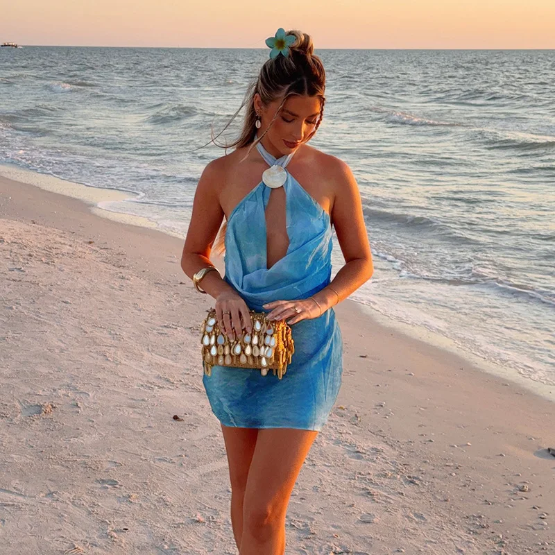 25196 Floral Halter Sexy Backless Printed Dress Women Vacation Style Hot Girl Short Dress 2025 Summer Dress Robe Vestido Women