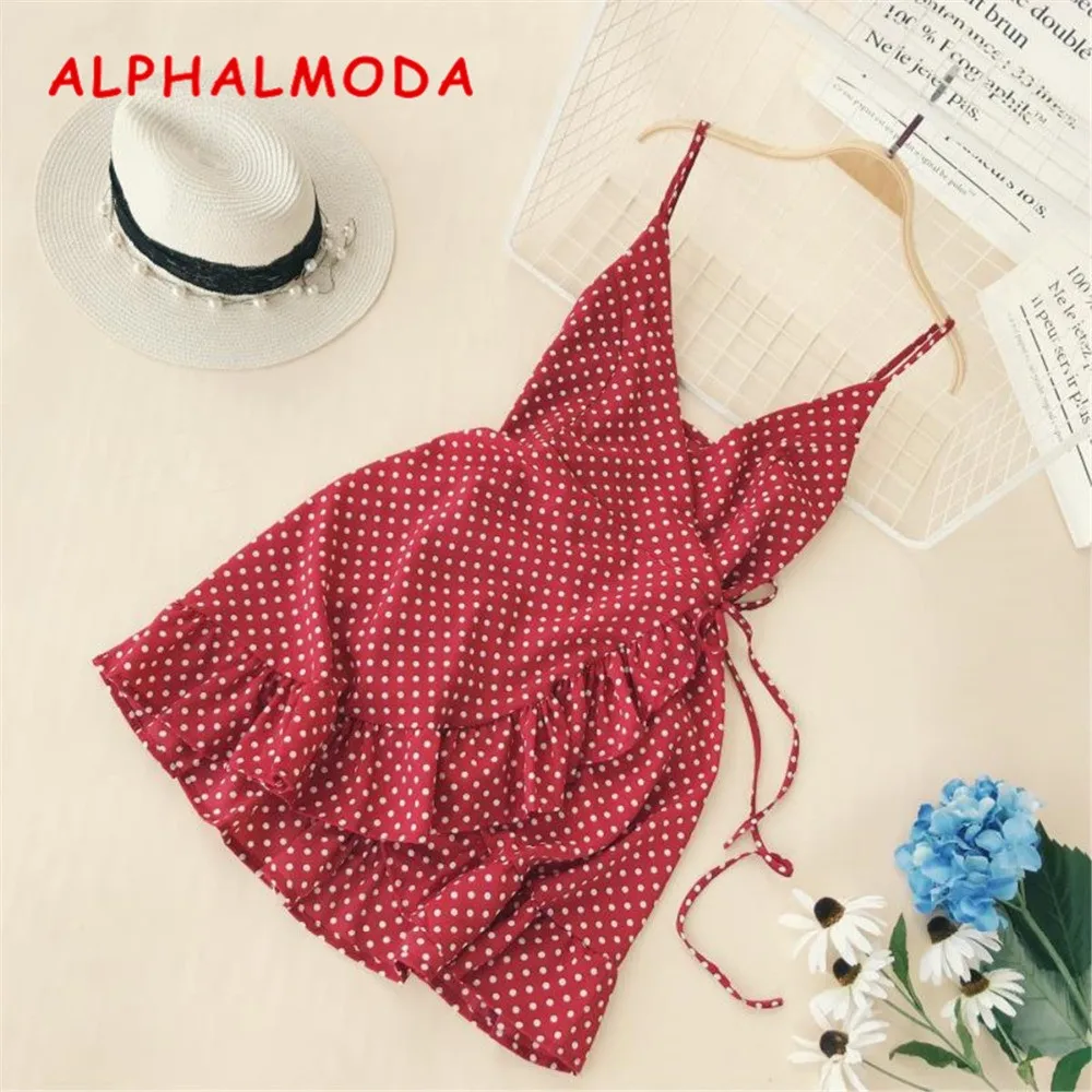 

ALPHALMODA 2018 Summer Women Ruffled V-collar Sleeveless Sling Dress Popular Polka Dot Prints Irregular Ruffled Holiday Vestidos