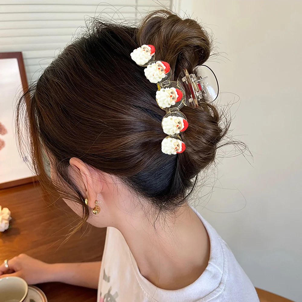 1 fermaglio per capelli natalizio grande da 10,01 cm con Babbo Natale e renna per donna - Elegante e carino fermaglio per squalo con tenuta sicura